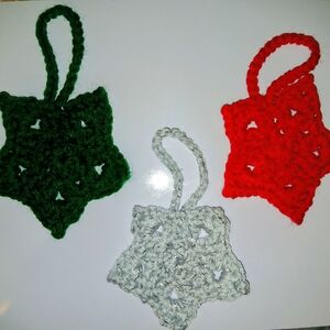 Crochet Star Ornaments in Red, Green, and Gray